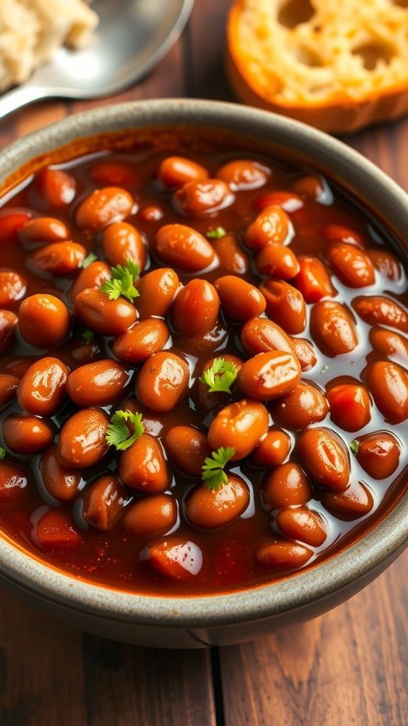 A bowl of homemade baked beans in a rich sauce, garnished with parsley, on a rustic wooden table with bread.